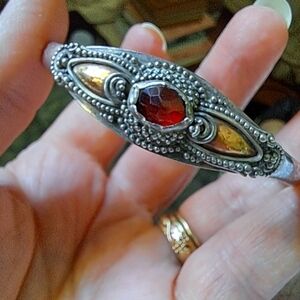 Vintage Sterling Silver Garnet 14kt Hallmarked Handmade Cuff Bracelet